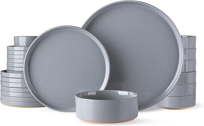 AmorArc Ceramic Dinnerware Set for 8 | Speckled Stoneware Plates and Bowls with Rustic Terracotta Underside| Scratch Resistant,Dishwasher & Microwave Safe Dishes Sets- 24pcs Gray