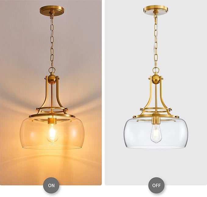 WUZUPS Chandelier Rustic Farmhouse Industrial Round Ceiling Pendant LED Light Fixture with Clear Glass Shades for Dining Room Kitchen Island Foyer Entryway, H 17" x W 13.4", E26 Base, Brushed Gold