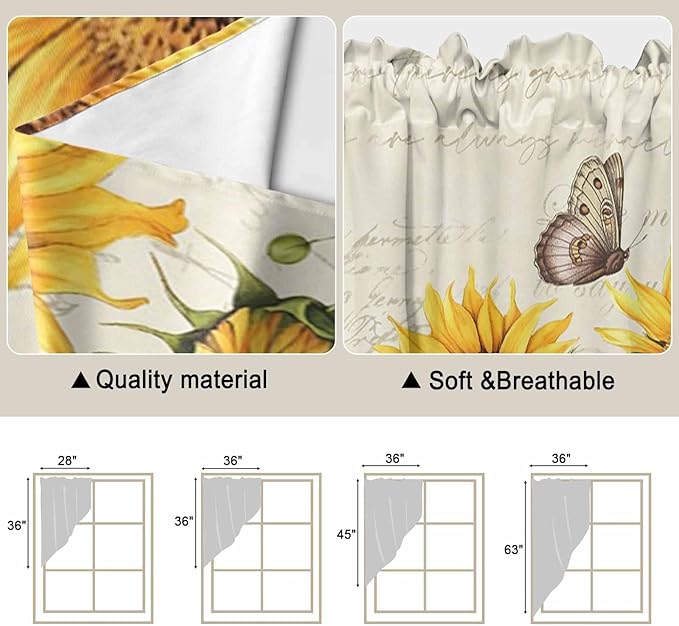 Farm Sunflowers Swag Valances for Windows, Retro Flowers Butterfly Botanical Beige Rod Pocket Kitchen Curtains Valance, Small Window Curtains Swag for Cafe Bathroom Living Room, 2 Panels, 36x36 inch