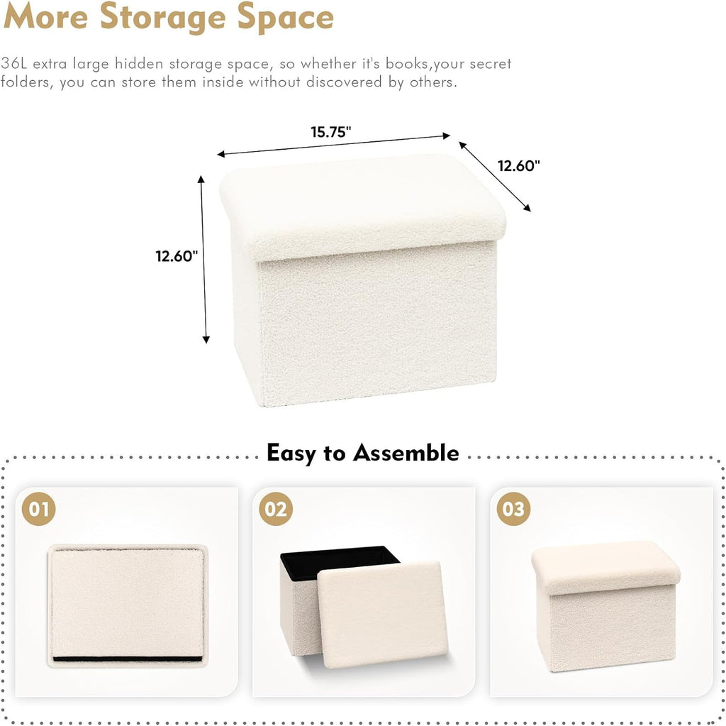 B FSOBEIIALEO Storage Ottoman Cube Small Sherpa Ottoman Foot Rest, Foldable Portable Boucle Ottomans, Faux Teddy Fur, Cream White 16.5"x12.6"x12.6"