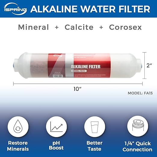 iSpring FA15 Alkaline Inline Water Filter Cartridge, 10” x 2” with 1/4” Quick Connect, NSF Certified, Add-on for RO Systems, Balances pH & Restores Minerals, 3-Layer Replacement Filter
