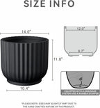Kante Round Fulted Planter, 14 Inch Dia Large Concrete Plant Pots with Drainage Hole and Rubber Plug, Modern Decor for Indoor Outdoor Plants, Flower, Black