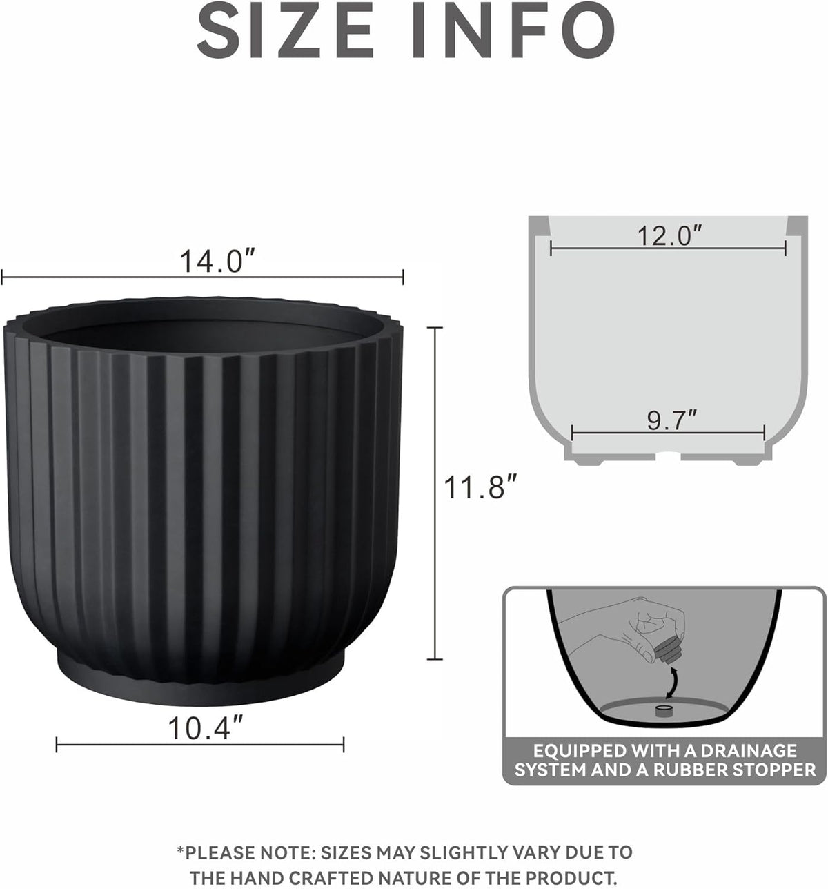 Kante Round Fulted Planter, 14 Inch Dia Large Concrete Plant Pots with Drainage Hole and Rubber Plug, Modern Decor for Indoor Outdoor Plants, Flower, Black