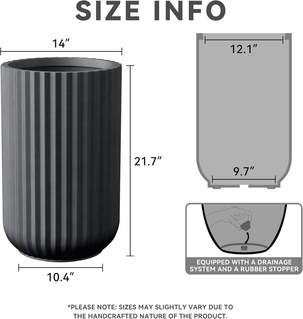 Kante Tall Fulted Planter, 21.7 Inch Tall Round Concrete Plant Pots with Drainage Hole and Rubber Plug, Modern Decor for Indoor Outdoor Plants, Flower, Black