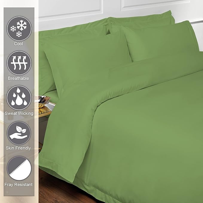 Pizuna Pure 100% Cotton King Duvet Cover Set, Luxurious 400 Thread Count Long Staple Cotton Sateen Weave with Button Closure (Combed New Green Cotton Duvet Cover King)
