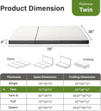 Folding Mattress 4in Twin Memory Foam Tri-Folding Mattress with Washable Cover Foldable Floor Mat for Guest Bed, Camping, Yoga, RV Travel, White (Size: 38" L x 75" W x 4" Th)