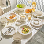 MDZF SWEET HOME 24-Piece White Ceramic Dinnerware Set - Rhine Series, Service for 6, Includes Bowls, Flat & Deep Plates, Microwave & Dishwasher Safe