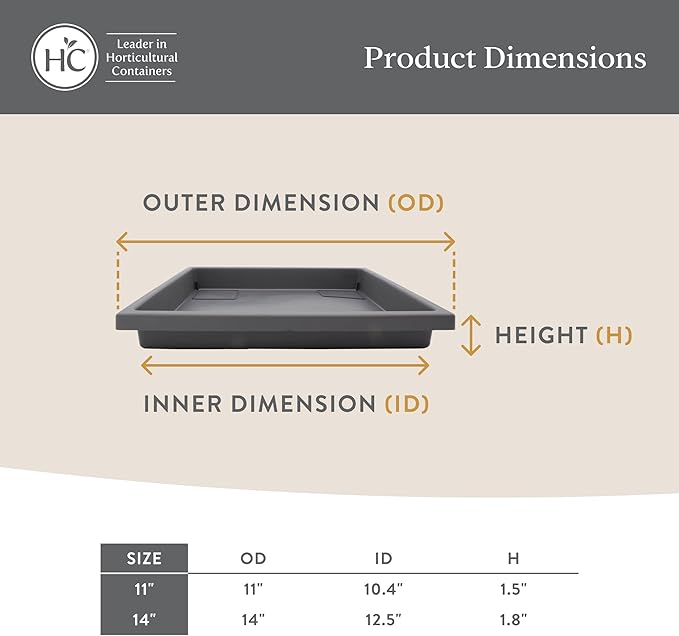The HC Companies 14 Inch Accent Square Plant Saucer, Lightweight UV-Resistant Plastic Outdoor & Indoor Flower Pot Tray, 2-Pack Plant Pot Trays for Garden & Home Decor, Warm Gray