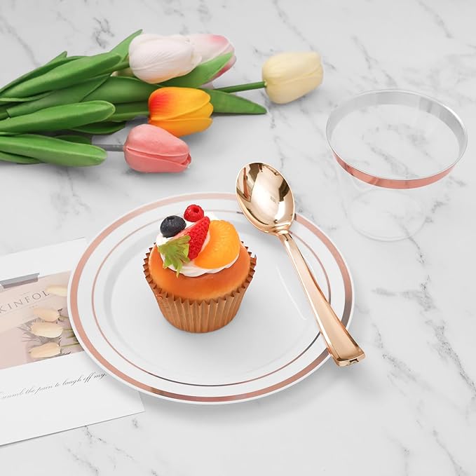 BESTVIP 50 Pack 6.9 Inch Rose Gold Plastic Spoons, Heavy Duty Plastic Silverware, Heavyweight Rose Gold Spoons, Disposable Serving Utensils for Catering, Parties, Dinners, Weddings, Christmas