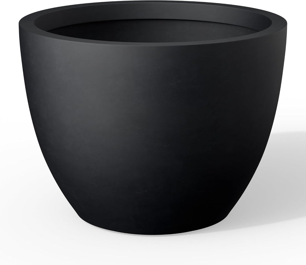 Kante 17.3 Inch Round Concrete Planter - Classic Large Indoor/Outdoor Plant Pot with Drainage Hole and Rubber Plug, Suitable for Gardens and Patios, Black
