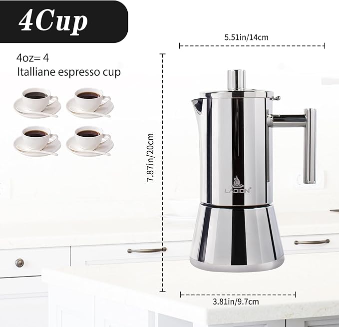 Stovetop Espresso Maker, 4Cup 6.8 oz Moka Pot, Stainless Steel Cuban and Italian Coffee Maker for Cafetera Cubana, Greca De Cafe Induction Stovetop Compatible, Coffee Gift for Home Travel