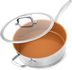 Ceramic Saute Pan with Lid, 5.5QT Nonstick Frying Pan without PFAS, PTFE, or PFOA, Stainless Steel Base Deep Skillet for All Cooktops, Oven & Dishwasher Compatible