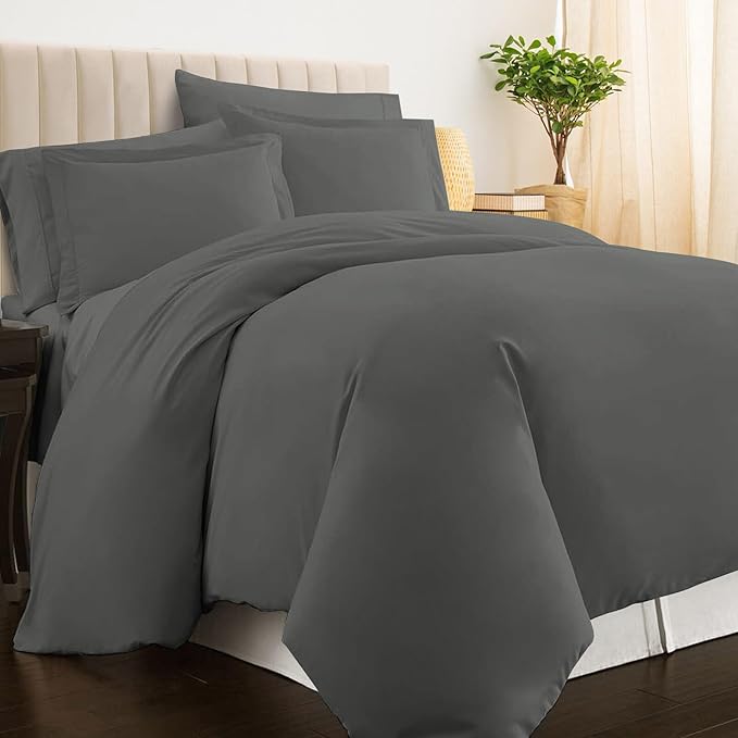 Pizuna Pure 100% Cotton King Duvet Cover Set, Luxurious 400 Thread Count Long Staple Cotton Sateen Weave with Button Closure (Combed Dark Grey Cotton Duvet Cover King)
