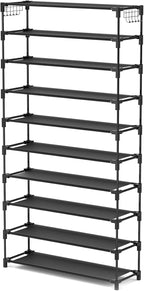 10 Tiers Shoe Rack 50 Pairs Large Capacity Tall Shoe Organizer Sturdy Shoe Storage with Two Hooks Space Saving Metal Wide Shoe Rack for Closet, Entryway, Bedroom, Black