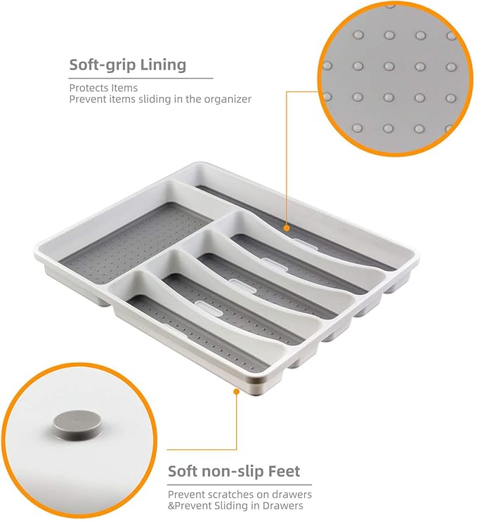 LeMuna Silverware Organizer Tray for Drawer, 6 Compartment Kitchen Drawer Organizer, Soft Grip Lining and Non-Slip Rubber Feet, Flatware Plastic Cutlery Tray