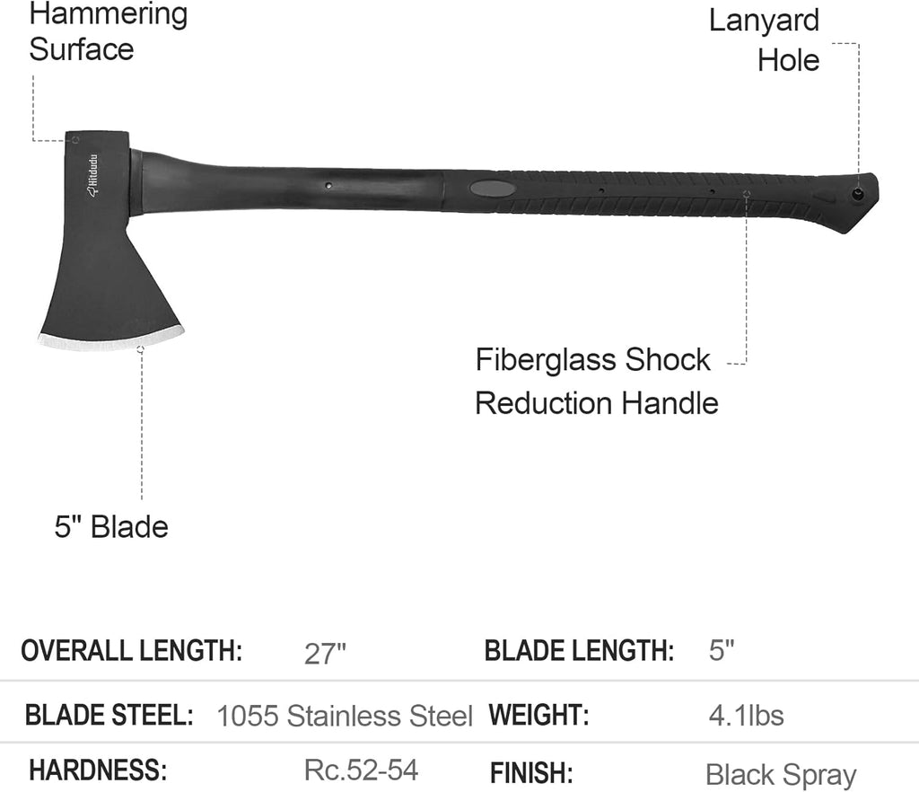 Splitting Axe, 27" Camping Chopping Hatchet for Firewood Splitting, Forged Carbon Steel Heavy Duty Maul, Fiberglass Shock Reduction Handle with Anti-Slip Rubber Grip