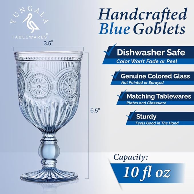 Yungala Blue Wine Glasses - Set of 6 Glass Goblets, 10oz - Dishwasher-Safe Handcrafted Stemmed Blue Vintage Glassware vintage wine glasses or water goblets or for those who love blue drinking glasses