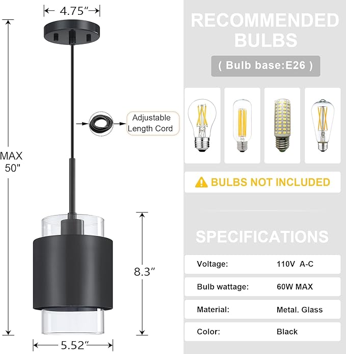 3 Pack 1 Light Hanging Kitchen Island Pendant Light 5.52" Drum Clear Glass Shade Indoor Pendant Ceiling Light Fixturess,Dark Gray Finish Modern Farmhouse Dinning Over Sink