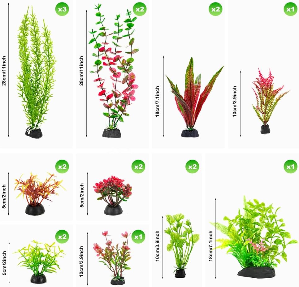18-Piece Artificial Aquarium Plants Decorations – Large Set with Red & Green Foliage, Fish Tank Decor for Betta, Goldfish, Freshwater & Saltwater Tanks, Weighted Bases