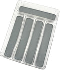 5 Compartments Silverware Tray for Drawer, Plastic Utensil Cutlery Drawer Organizer w/Grip Lining (Clear&Grey)