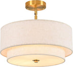 16" Semi Flush Mount Ceiling Light, Gold 3 Light Double Drum Fabric Lampshade Lighting Fixture for Living Room, Bedroom, Dining Room, Kitchen, Hallway (Swivel Canopy for Sloped/Flat Ceiling)