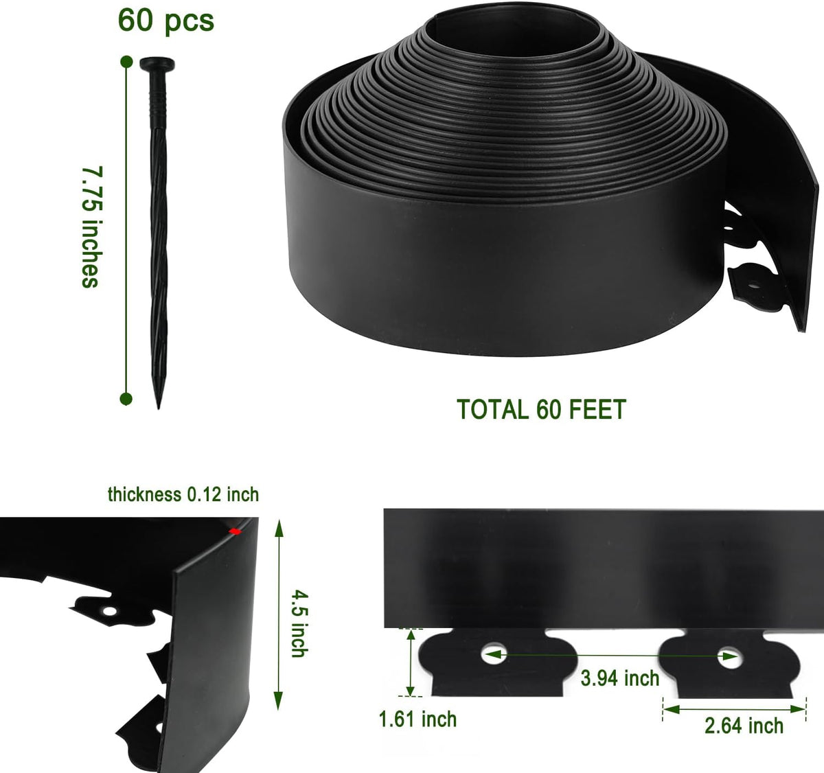 Hugeleaf 4.5 Inch Tall Landscape Edging 60 Feet Garden Edging with 60 Spikes, Plastic Landscape Border Edging for Landscaping Lawn, Flower Beds(Black)