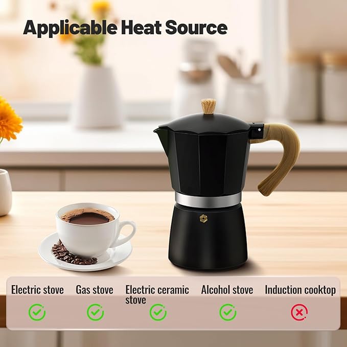 6 Cup Aluminum Moka Pot Classic Stovetop Espresso Coffee Maker 300ml 10oz Coffeemaker Percolator Mocha Pot Greca Coffee Maker Cafe Makers for Italian and Cuban Café Brewing Black