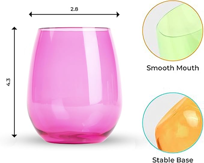 Unbreakable Stemless Glasses – Colored Wine Glasses Set of 6 Plastic Drinking glasses Wine, Water – Acrylic Plastic Gifts for Birthday Women Party, Stylish Glasses for Parties & Everyday (Jewel)