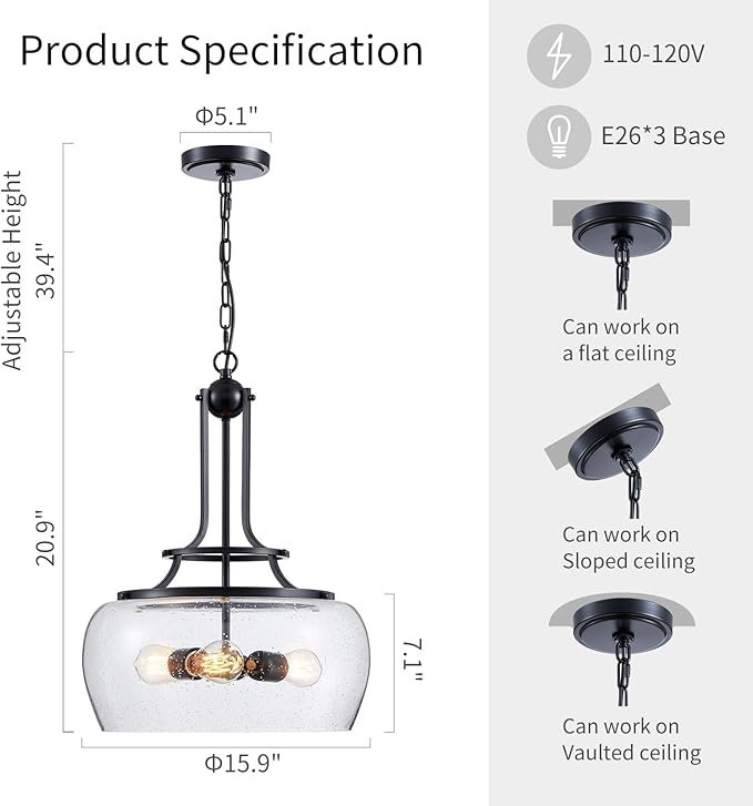 WUZUPS Chandelier Rustic Farmhouse Industrial Round Ceiling Pendant LED Light Fixture Clear Seeded Glass Shade for Dining Room Kitchen Island Foyer Entryway, H 20.9" x W 15.9", Black