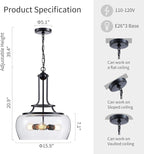 WUZUPS Chandelier Rustic Farmhouse Industrial Round Ceiling Pendant LED Light Fixture Clear Seeded Glass Shade for Dining Room Kitchen Island Foyer Entryway, H 20.9" x W 15.9", Black