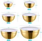 6 Piece Gold Mixing Bowls Set With Lids for Kitchen - Stainless Steel Ideal for Baking, Prepping, Cooking and Serving Food - Nesting Metal Bowls for Space Saving Storage