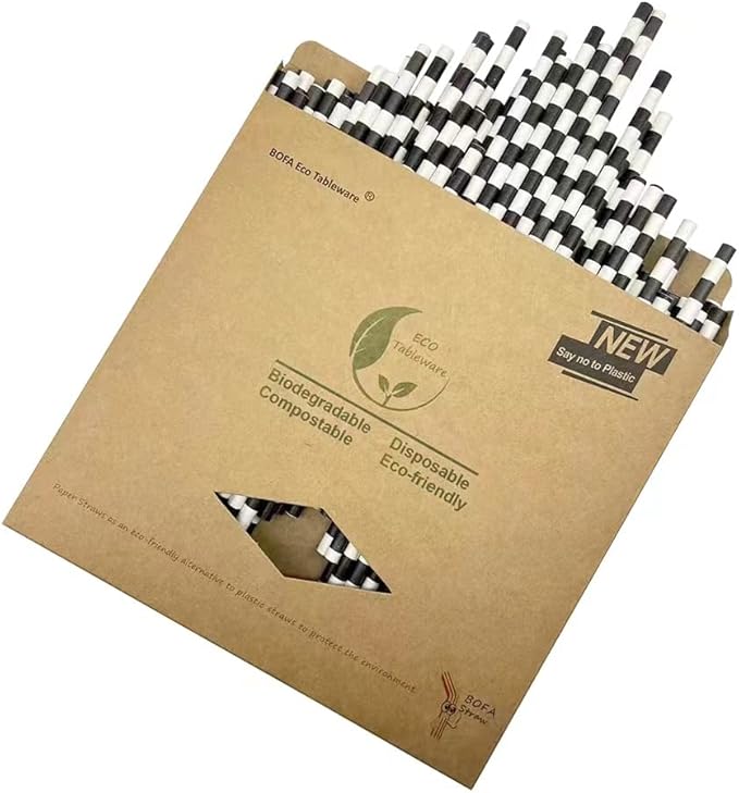 Biodegradable Black White Checkered Straws, 100 PCS Racing Car Straws Disposable Black Striped Paper Drinking Straw for Checkered Party Supplies, Treat Stick and Cake Pop Sticks