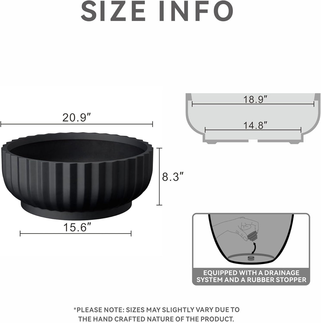 Kante Round Fulted Bowl Planter, 20.9 Inch Dia Large Concrete Flower Pots with Drainage Hole and Rubber Plug, Suitable for for Indoor Outdoor Plants, Home, Patio, Garden, Black