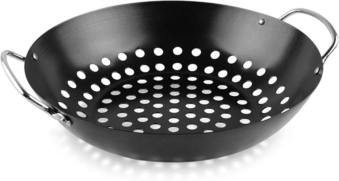 Round Grill Wok with Handle for Green Egg Veggie Basket BBQ Accessory Barbecue Tools for M/L/XL Green Egg Accessories for StriFry,Shrimp,Meat&Vegetable Outdoor Camping Cookware