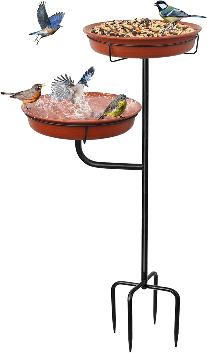 Freestanding Birdbaths Bowl Outdoor, Standing Garden Bird Bath Bird Feeder & Bird Bath Bowl, Detachable Decoration Spa Birdfeeder for Garden Patio Yard Lawn, 4 Spiky Metal Stake (Brown)