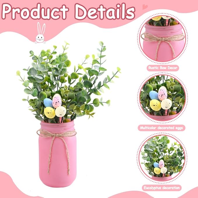 DIYDEC 3PCS Easter Mason Jars 3 * 5Inch Easter Painted Tiered Tray Decorative Jars with Wood Tray &Artificial Flowers Farmhouse Bottles for Holiday Spring Home Table Centerpiece Decor Gifts