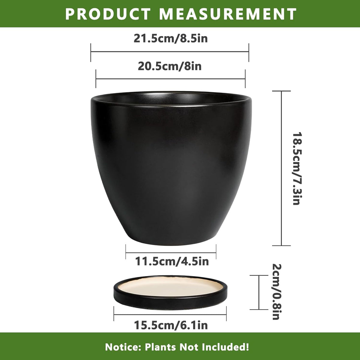 8 Inch Plant Pot - Ceraimc Planter for Indoor Outdoor Plants, Round Flower Pots with Drainage and Tray, House Decor, Black