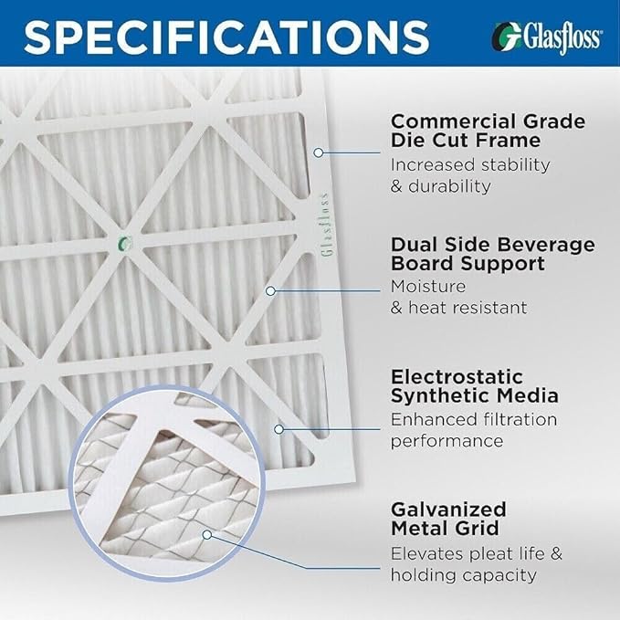 Glasfloss 18x18x1 MERV 10 (FPR 5-6) Pleated Air Filters Box of 6. Actual Size: 17-1/2 x 17-1/2 x 7/8