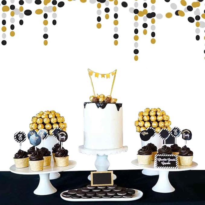 Silver Black Gold Party Decorations - 52Ft Paper Streamers Garland Banner Birthday New Years Eve Retirement Graduation Anniversary Classroom Office Hanging Decor Supplies