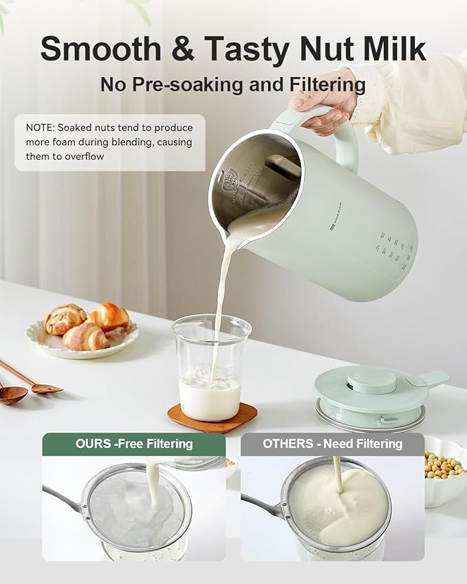 MOKKOM Nut Milk Maker, 42oz Automatic Almond Milk Machine for Homemade Plant-Based Milk, Oats, Soy, Dairy Free Beverages, Soy Milk Maker with Delay Start/Keep Warm/Self-Cleaning/Boiling, Green