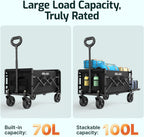 Golabs Collapsible Wagon Cart Max 350lb Load & Expandable Storage 100L, Double Bearing Design for Flexible Steering, Foldable Heavy Duty Garden Cart with 2 Cup Holders for Groceries, Garden & Camping