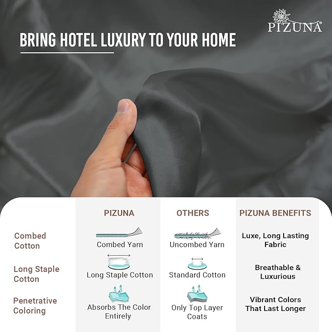 Pizuna 100% Cotton Queen 3 Pc Duvet Cover + 1 Pc Fitted Sheet Set 400 Thread Count Dark Grey Sateen Weave Luxurious Long Staple Cotton 4 Piece Bedding Set -1 Duvet Cover,2 Pillow Shams,1 Fitted Sheet