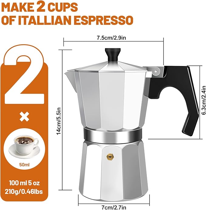 2 Cup Aluminum Espresso Stovetop Moka Pot Express Coffee Maker Percolator Italian Classic Mocha Coffee Machine for Italian and Cuban Cafe Brewing for Home & Camping 100ml 3.3oz