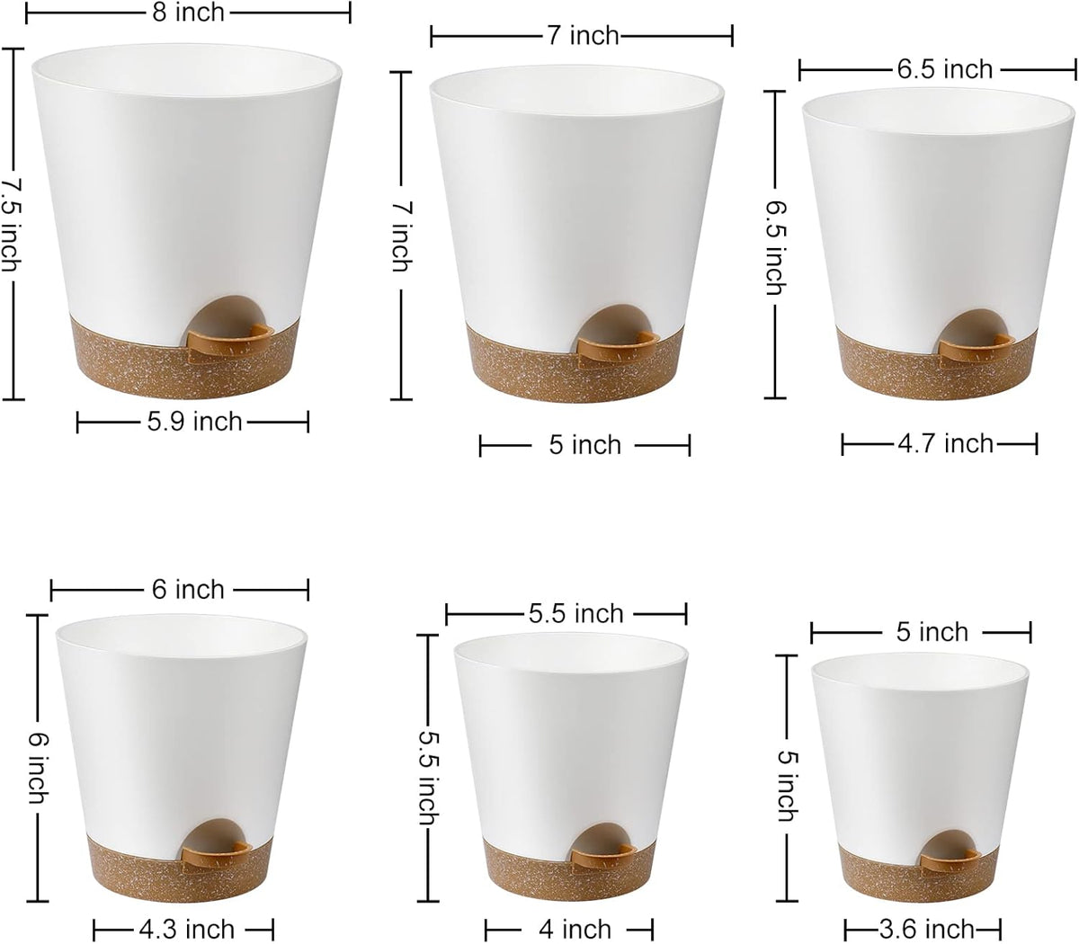 Indoor Self Watering Planters with Drainage Holes and Saucers, 8, 7, 6.5, 6, 5.5, 5 Inches, White, 6 Pots