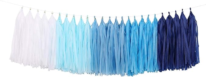 Fonder Mols 25pcs Navy Blue White Tissue Paper Tassel Garland Tassel Banner for Nautical Baby Boy Shower,Boy Gender Reveal, First Nautical,Shark Birthday Party, Photobooth Backdrop Decorations A05