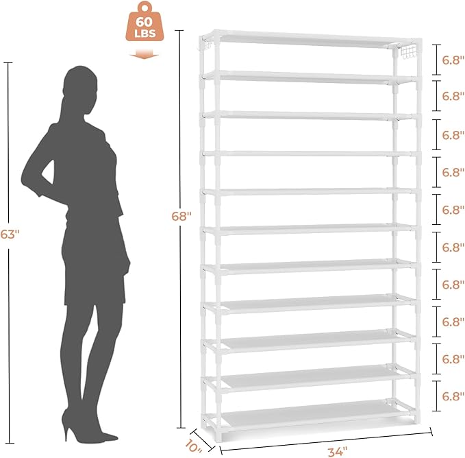 11 Tiers Tall Wide Shoe Rack 55 Pairs Large Capacity Sturdy Durable Shoe Rack for Closet Metal Shoe Organizer Shelf with Two Hooks Space Saving for Entryway White