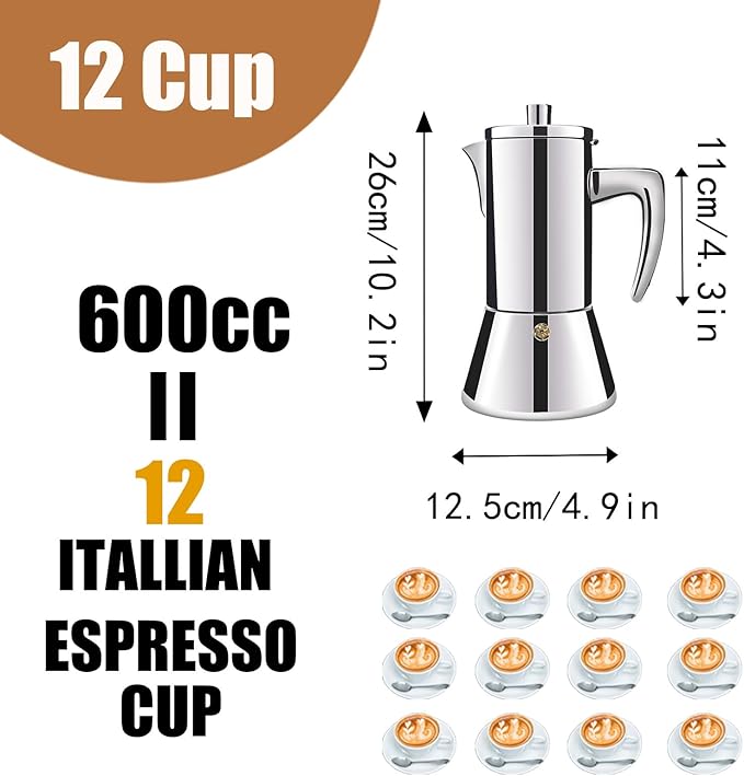 12 Cup Thickened 304 Stainless Steel Moka Pot Stovetop Espresso Maker Cafeteras Italian Percolator Espress Makers Capable Greca Mocha Coffee Machine for Induction Home and Camping 600ml 20oz