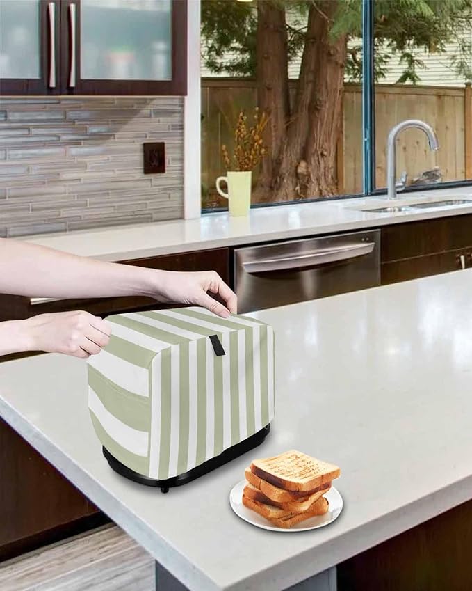 Toaster Cover 2 Slice Sage Green Stripes Toaster Oven Cover with Pockets Simple Style Dustproof Bakeware Protector Small Kitchen Appliance Dust Covers and Fingerprint Protection for Women