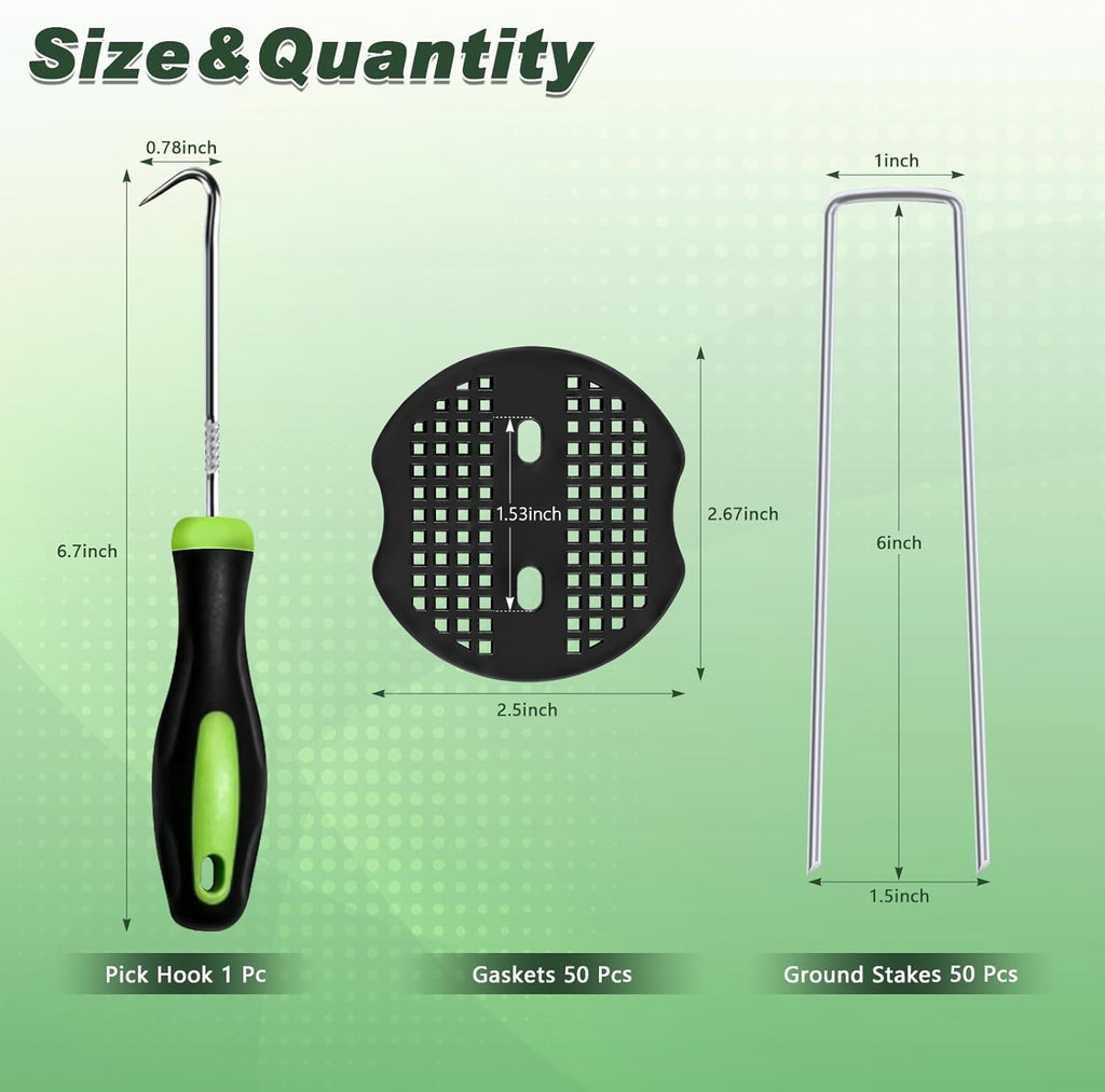 FEED GARDEN 6 Inch 50 Pcs Galvanized Landscape Staples 50 Pcs Gaskets Pick Hook Garden Stakes 11 Gauge Anti-Rust Landscaping Fabric SOD Pins U Shaped Yard Turf Stakes for Weed Barrier Fabric