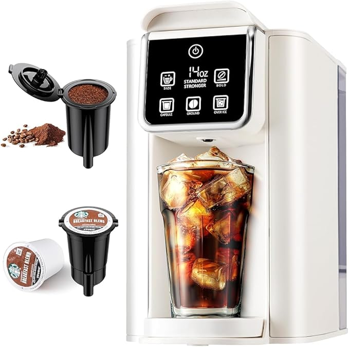 Hot & Iced Coffee Maker with Bold Setting, Single Serve Coffee Maker for K Cup and Grounds, 6-14 Oz Brew Sizes, 50 Oz Removable Water Tank, One Cup Coffee Machine with Reusable Filter, White